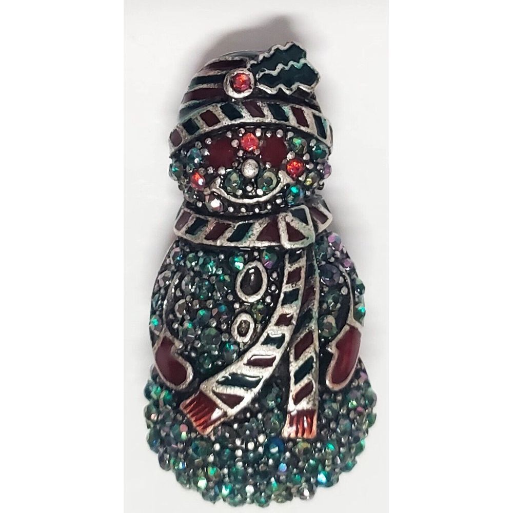 VTG Snowman Brooch Snow Woman Rhinestone Multicolor Bedazzle Pewter Tone Pin